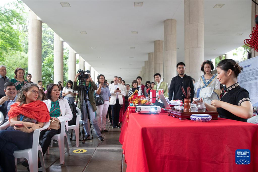 4月19日，人们在巴西里约热内卢欣赏茶艺表演。当日，巴西里约热内卢举办联合国中文日活动，观众可在现场欣赏汉服、武术和茶艺等表演，体验了解中国书法、中国美食、中文课程和中医文化。新华社记者 王天聪 摄